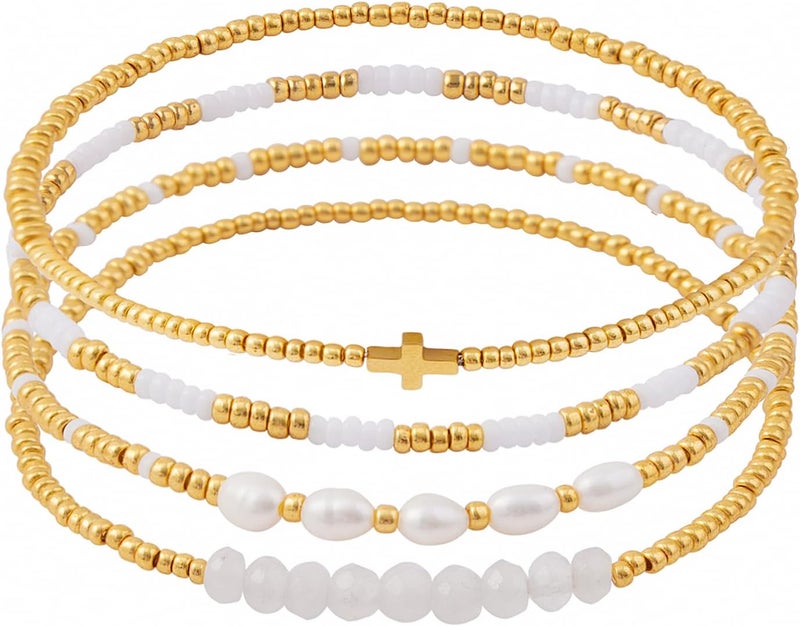 Pymach Store Dainty Gold Plated Pearl Crystal Beaded Bracelets Set for Women 14K Gold Plated Bead Pearl Beads Bracelet Stackable Paperclip Link Chain Bracelets Gold Plated Bracelets for Women Trendy Jewelry - Image 1